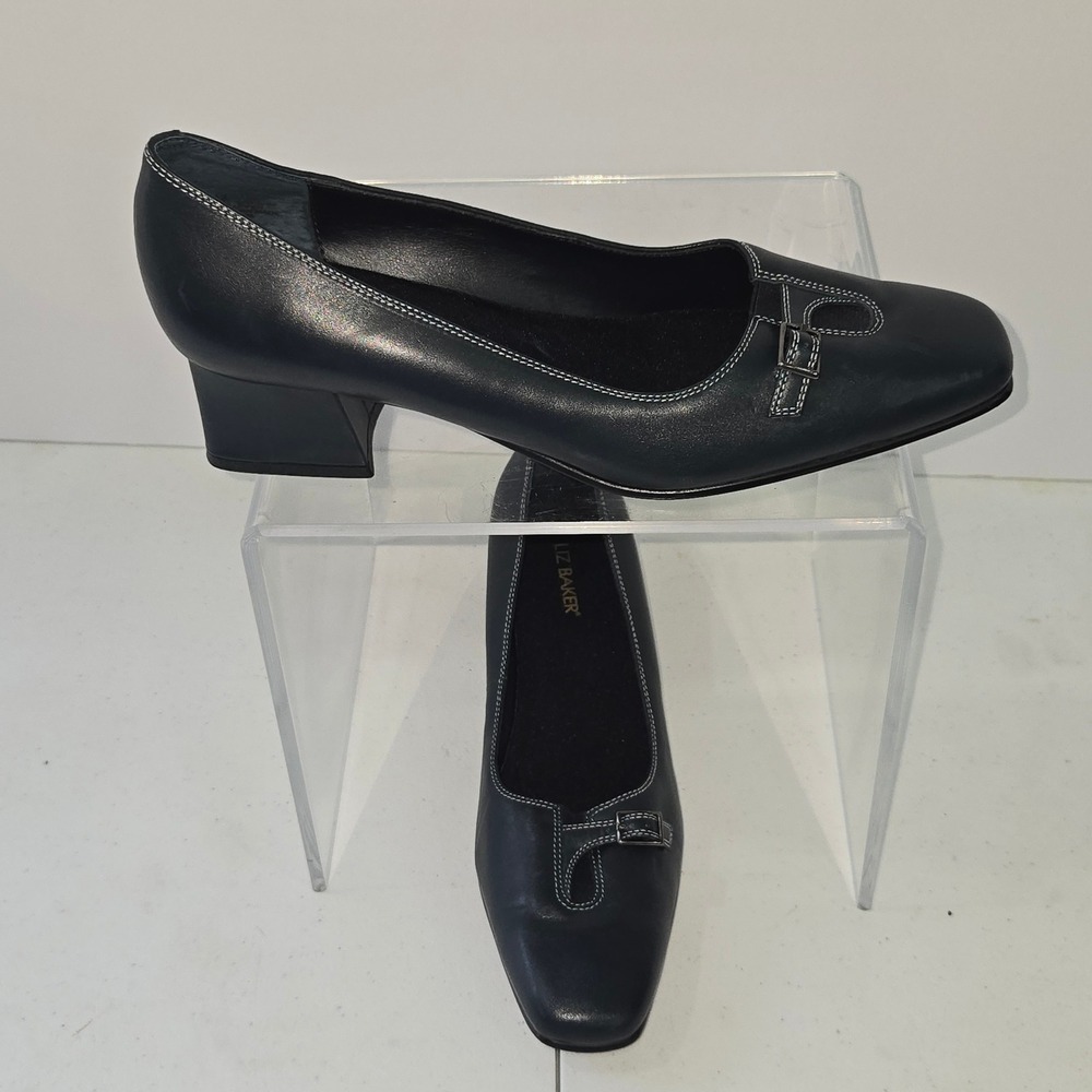 Liz Baker Womens 8.5M Navy Blue Black Leather Square Toe Block Heel Pumps AC302
